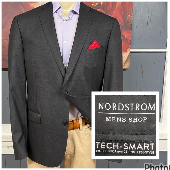 Nordstrom Smart Tech Blazer Jacket Sport Coat Mens 44R Wool Stretch Charcoal